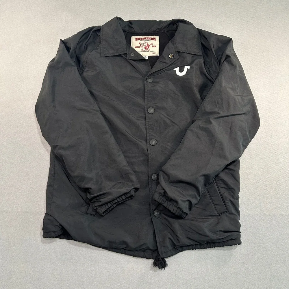 True Religion Coach Jacket Mens Large Black Graphic Print Snap Front Windbreaker